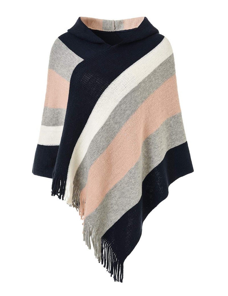 Ferand Women's Striped Poncho Sweater Cozy Knit Fringe Shawl Wraps with Hood for Fall Winter - Image 1